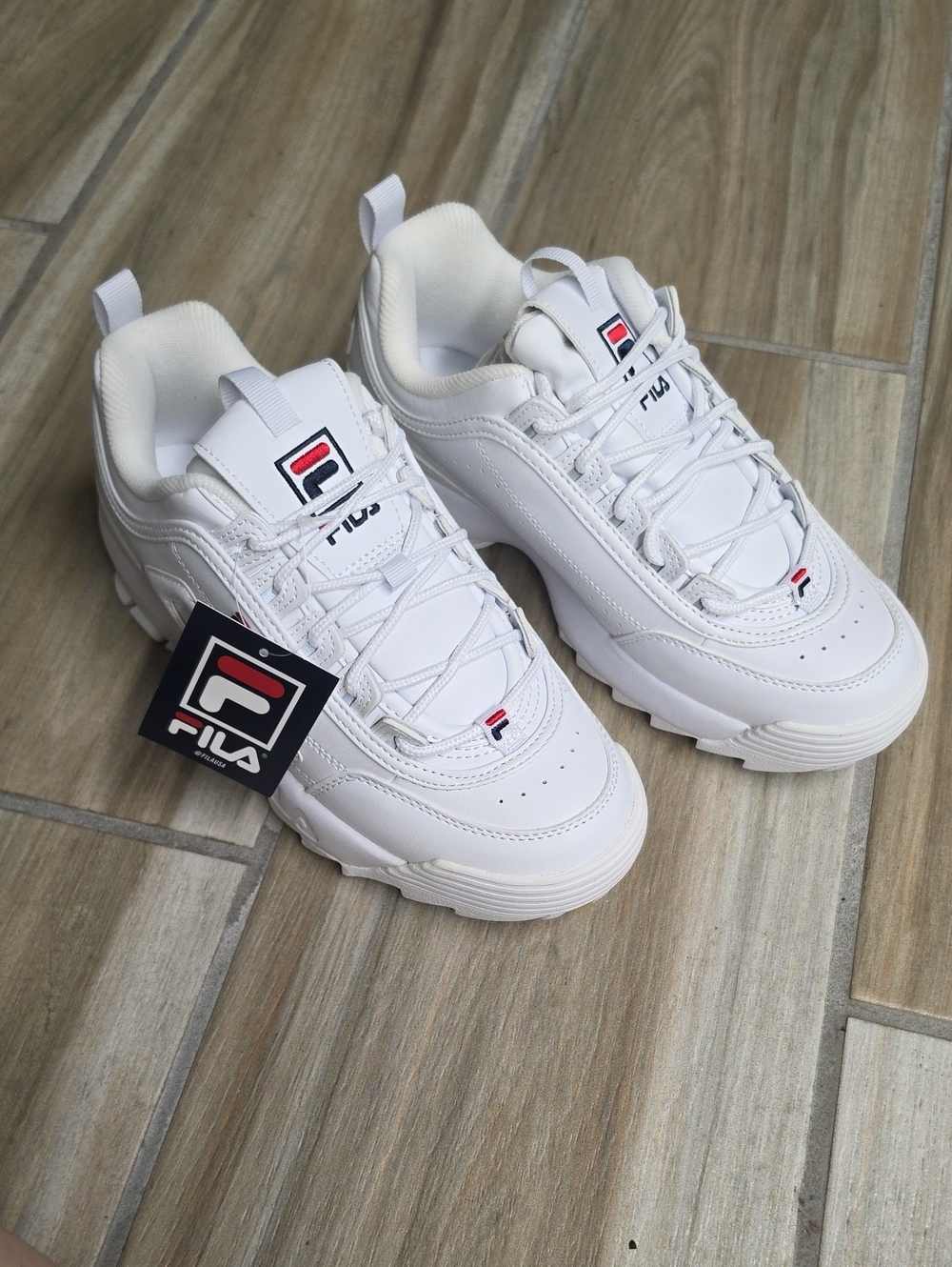Fila White Leather Chunky Lace-Up Sneakers with Red & Navy Logo